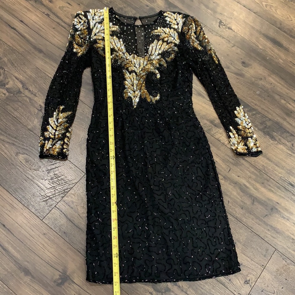 VINTAGE Laurence Kazar Pure Silk Beaded Dress Size Small, Black Gold & Sequin - Picture 7 of 15